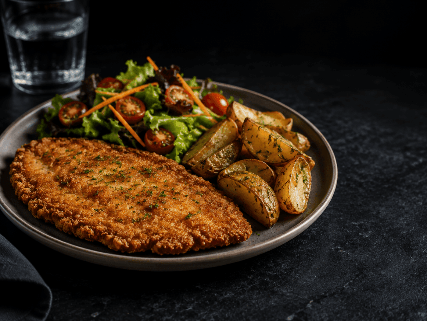 Plato con milanesa de pollo, papas al horno y ensalada sobre una mesa oscura